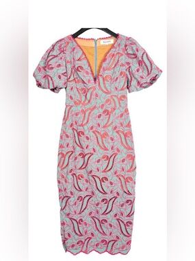 NWOT Elliat Puff Sleeve fitted Midi Dress Pink and Teal Eyelet Deep V Size: M